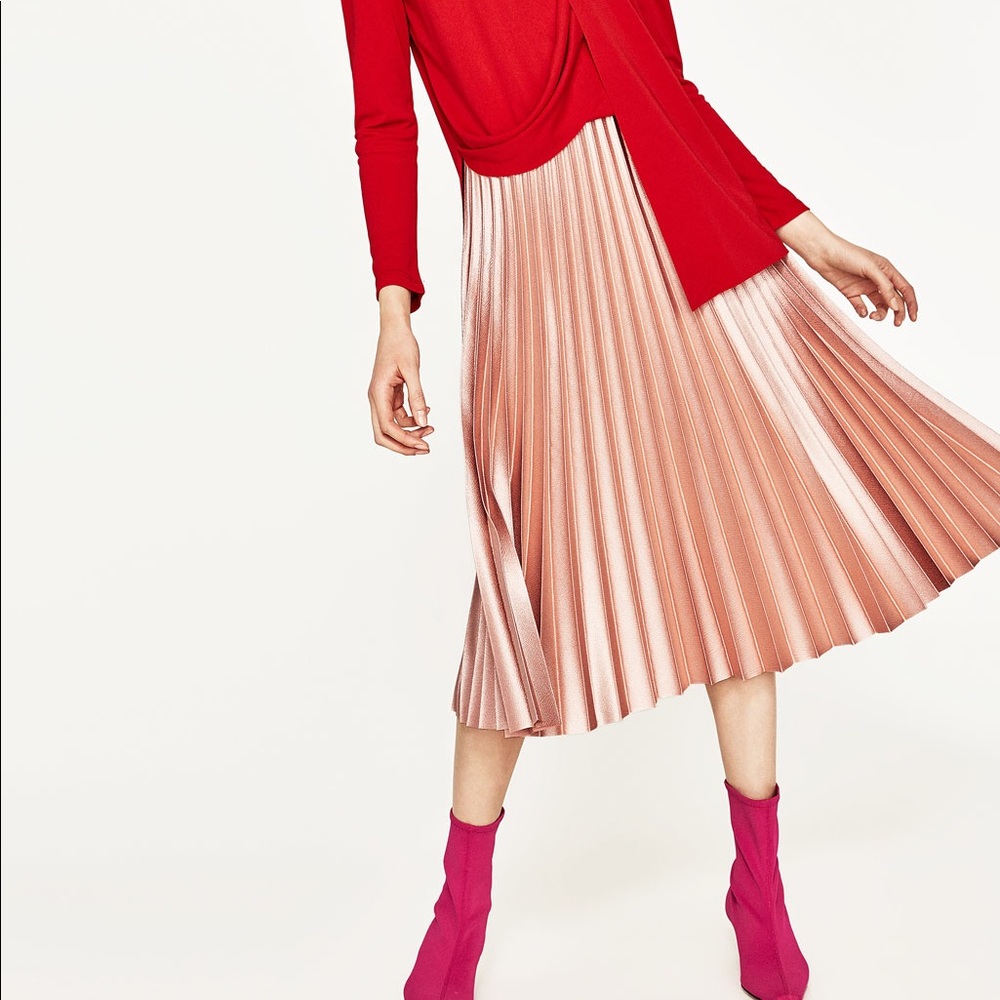 NWT Zara Shiny Pink Accordion Pleated Midi Skirt - Picture 3 of 8